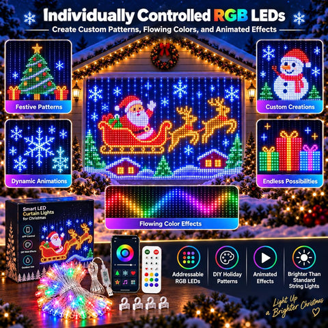 Smart LED Curtain Lights Christmas – RGB Outdoor Curtain Fairy Lights with Bluetooth App, Remote Control & IP65 Weather Resistance - Turn a Plain Wall Into a Festive Light Show
