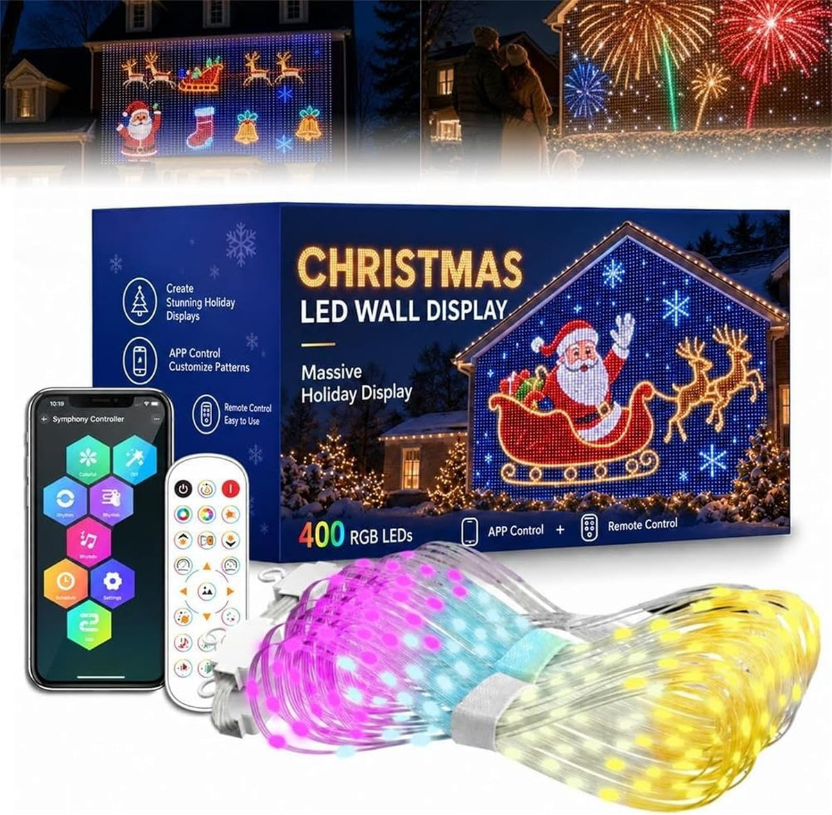 3m x 3m Smart RGB Christmas LED Curtain Lights – 400 LED Outdoor Wall & House Net Lights with App, Remote, Timer & Custom Patterns - Turn Your Home Into a Christmas Light Show