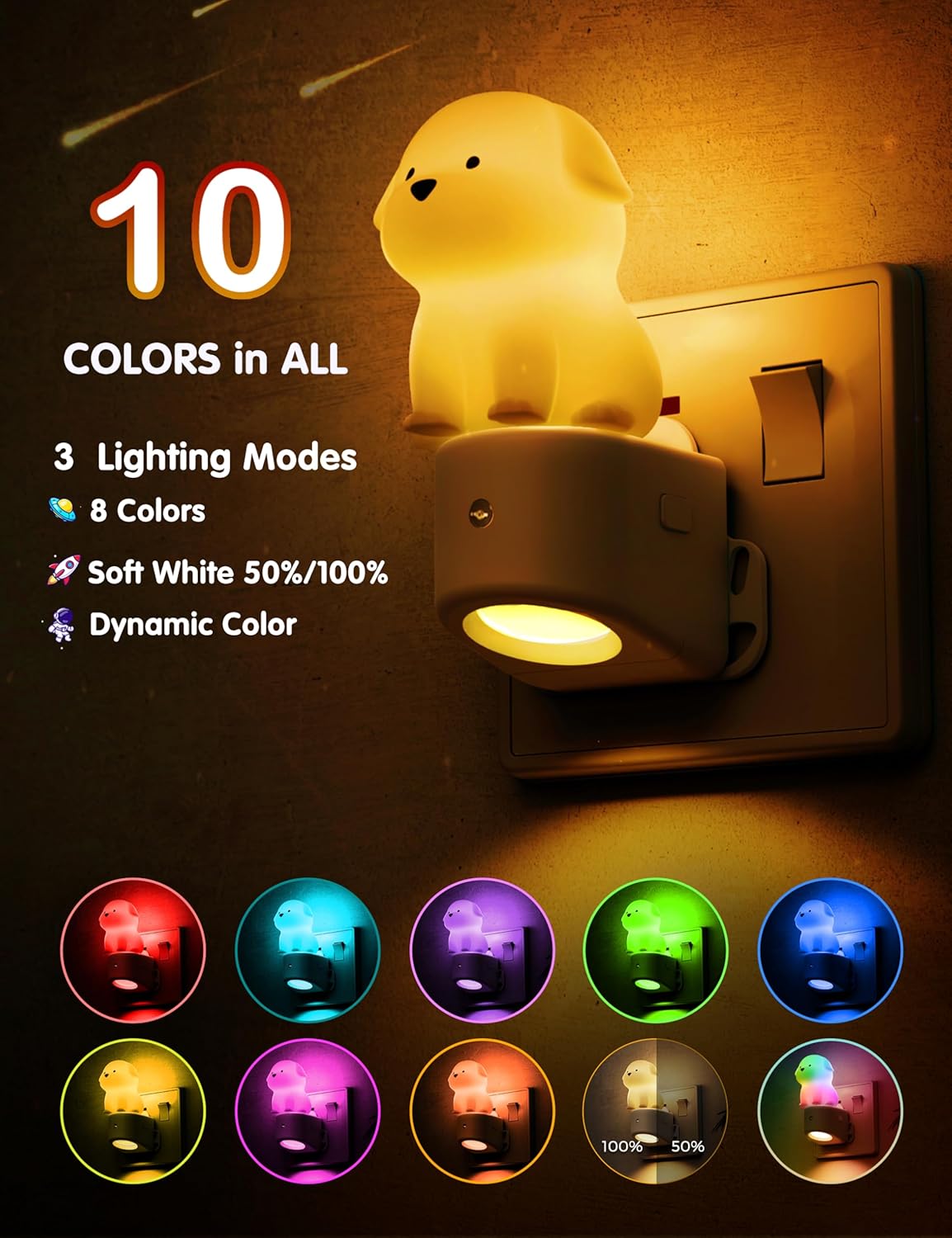 Dog-shaped night light with color-changing capabilities on a dark background