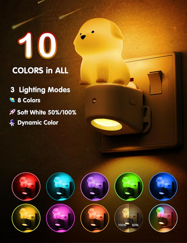 Dog-shaped night light with color-changing capabilities on a dark background