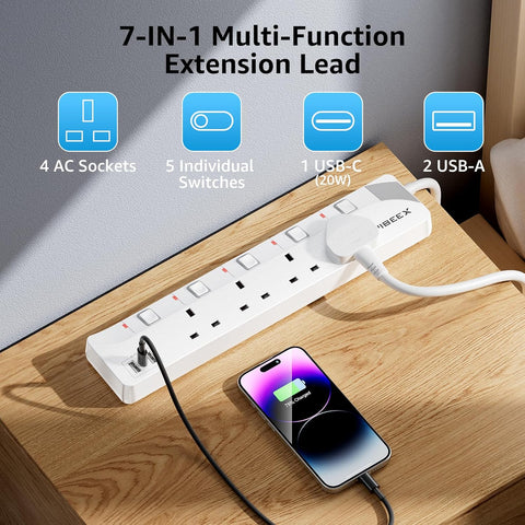 Extension Lead with USB Slots, Plug Extension Socket with Individual Switches, 4 Way Extension Lead with 1 USB C (PD 20W) and 2 USB A, 2 Meters Wall Mounted Extension Cable 13A 3250W for Home
