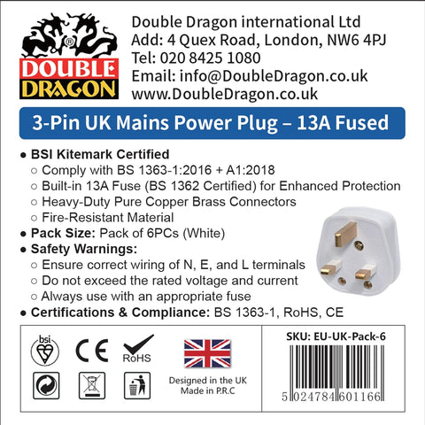 Double Dragon 13A Rewireable 3-Pin Electrical Plug Pack of 6 White