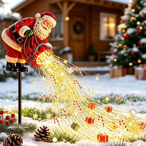 Solar Christmas Lights, Santa Garden Stake, Flowing LED Strings, with