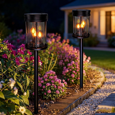 Outdoor Garden Solar Stake Lights Flickering Candle Lighting for Yard, Lawn, Patio, Pathway, Wall Decoration (2Pack, Black)