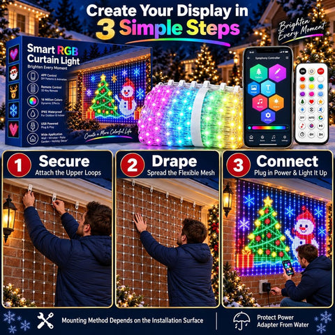 Laspi Smart LED Curtain Lights Christmas 1.6 x 1.6m with 256 RGB LEDs, Bluetooth App & Remote Control - Turn Any Wall Into a Glow-Up Worth Staying In