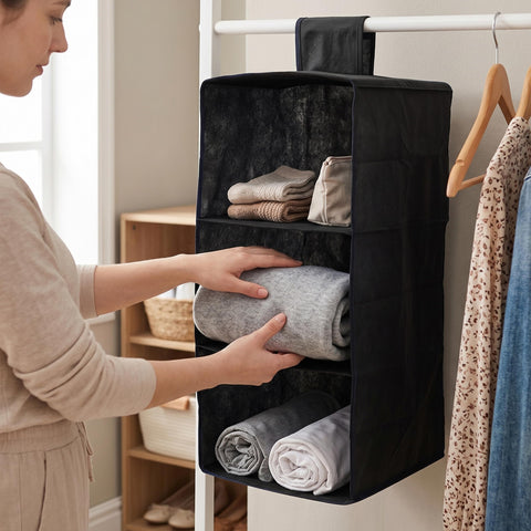 Premier Housewares 3-Section Hanging Garment Organiser, Blue – Lightweight Wardrobe Storage for Shoes, Clothes & Seasonal Essentials