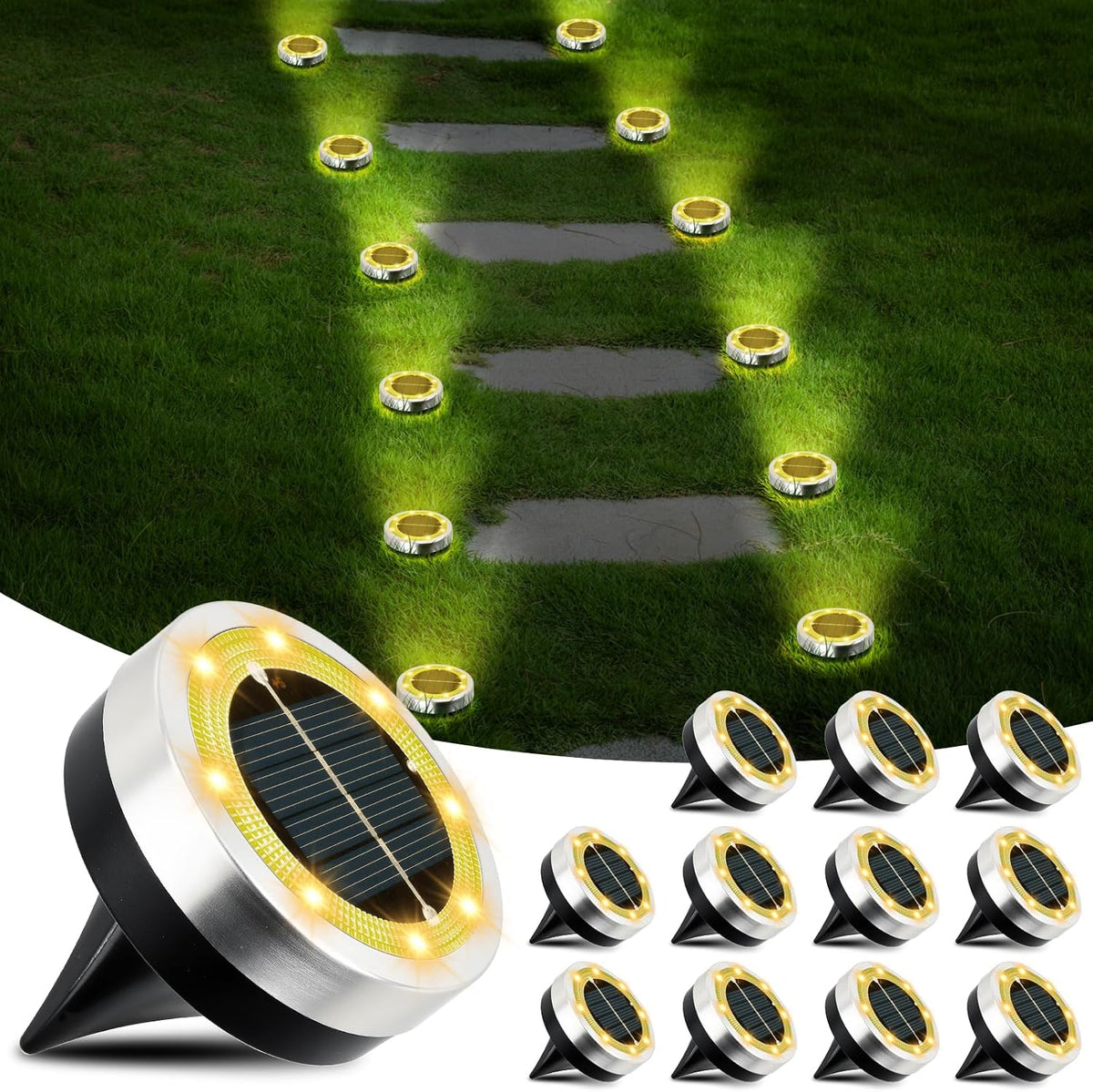 Pack of 12 Outdoor Solar Lights, 8 LED Solar Ground Light, Waterproof IP65 Outdoor Solar Spotlight, Solar Outdoor Light, for Pathway, Lawn, Patio, Courtyard, Swimming Pool