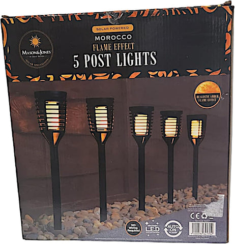 Divas World Solar Powered Morocco Flame Effect LED 5 Post Lights Realistic Amber Flame Ultra Bright for Garden, Patio or Driveways