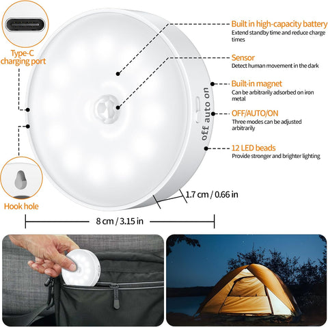 daphomeu Motion Sensor Lights Indoor, 6 Pack Wireless USB Rechargeable Cupboard Lights – 12 LED Stick-On Night Lights for Wardrobes, Stairs, Hallways & Under Cabinets - Put Light Exactly Where You Need It