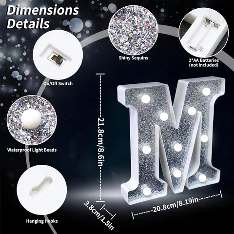Letter M Style LED Marquee Lamp, Silver Glitter Light Up Letter Sign, Battery Powered Tabletop Decorative Marquee Light with On/Off Switch for Wedding, Birthday, Party and Home Decor