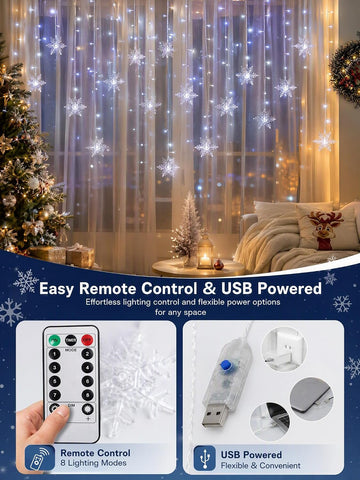 Christmas Snowflake Curtain Lights – 96 Warm White LEDs, 8 Lighting Modes & Remote Control for Windows – Bring a Little Winter Magic to Every Evening