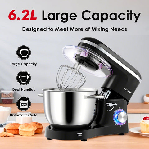 Stand Mixer 6.2L – Electric Food Mixer for Baking with Stainless Steel Bowl, Dough Hook, Wire Whip & Beater – Black