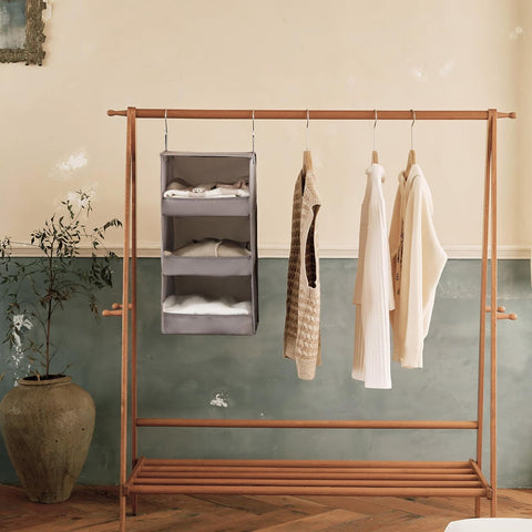 3-Shelf Hanging Storage Organiser, Pack of 1 Hanging Wardrobe Storage Organiser, Collapsible Hanging Shelves for Wardrobe, Fabric Hanging Wardrobe Organiser for Clothes Accessories, Grey