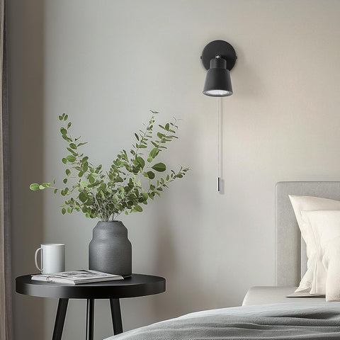 Black Wall Lights with Pull Cord Switch GU10 - Modern Pull Cord Light Switch 350° Rotatable - Indoor Wall Sconce Lights for Bedroom Bedside Living Room Kitchen