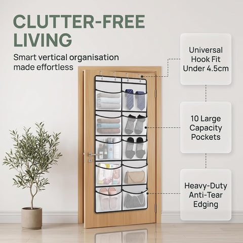 Lyyixbix Hanging Storage Organiser, 10 Extra-Large Mesh Pockets, 126 × 55cm, Grey and White Over Door Shoe Rack with 4 Hooks for Clothes, Toys and Bathroom Essentials
