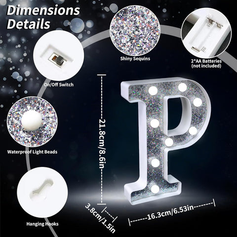 Letter P Style LED Marquee Lamp, Silver Glitter Light Up Letter Sign, Battery Powered Tabletop Decorative Marquee Light with On/Off Switch for Wedding, Birthday, Party and Home Decor