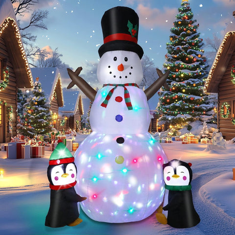 8FT Christmas Inflatable Snowman with Penguins & Rotating LED Lights – Snowman-2