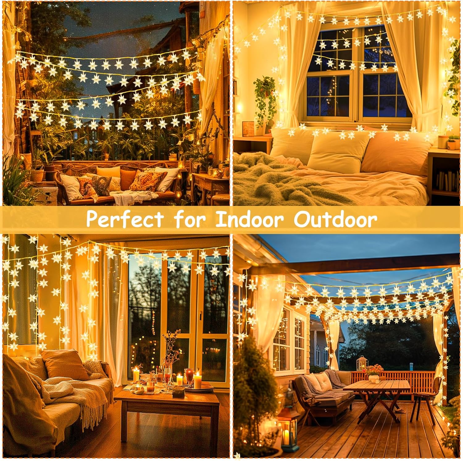 Starry string lights in various indoor and outdoor settings with text 'Perfect for Indoor Outdoor'.