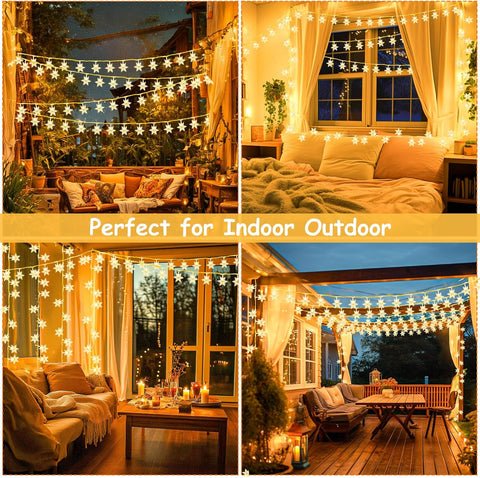 Starry string lights in various indoor and outdoor settings with text 'Perfect for Indoor Outdoor'.