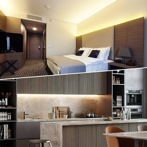 Collage of a bedroom and kitchen in a modern apartment.