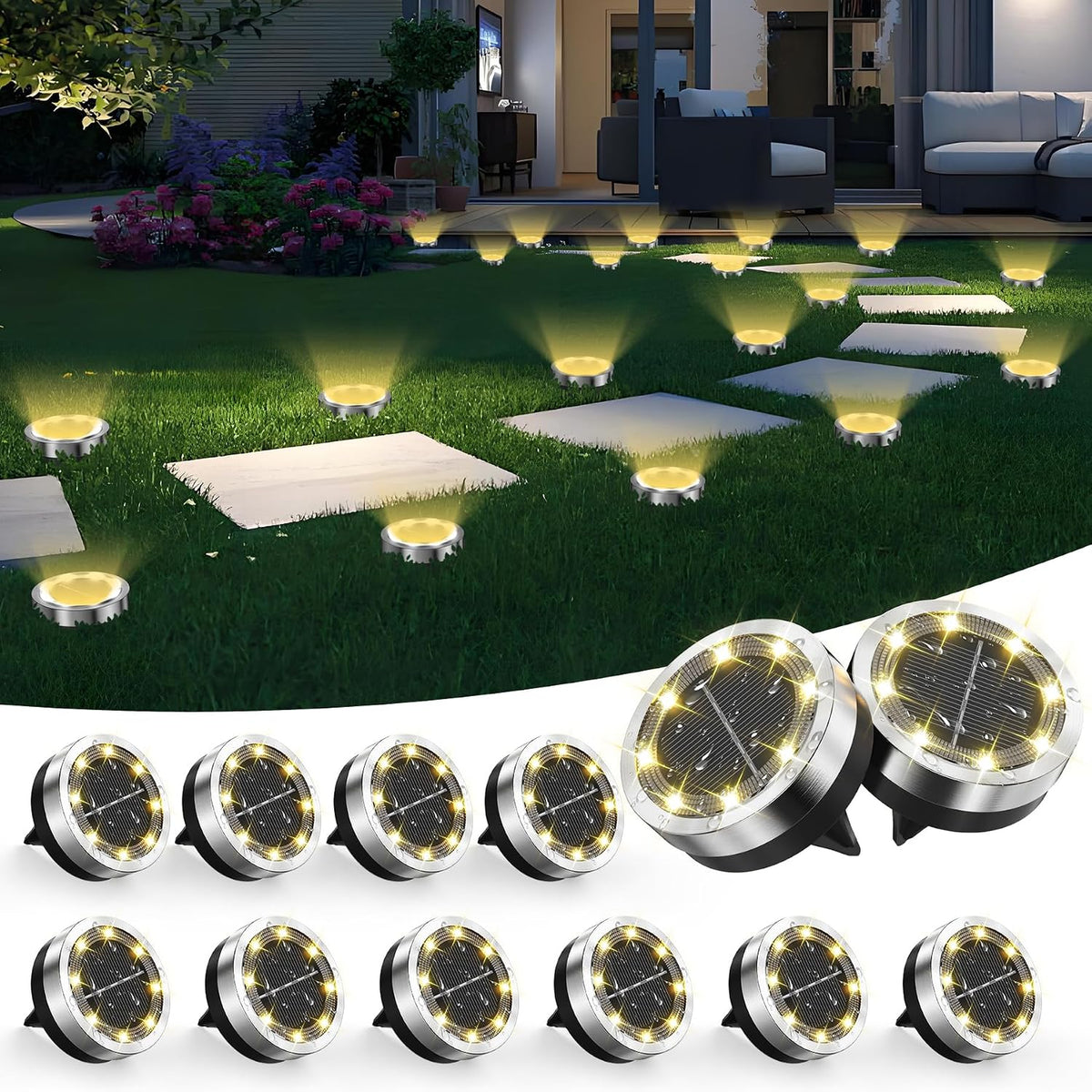 Solar Lights Outdoor Garden, 12 Pack 8 LED Solar Ground Lights Warm White, IP65 Waterproof Ground Disk Lighting, Garden Solar Floor Light for Pathway Lawn Yard Patio Landscape Walkway