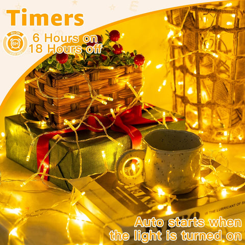 Ollny Fairy Lights Battery Operated, 10m 100 LED Warm White String Lights – Waterproof Indoor & Outdoor Christmas Lights with 8 Modes & 6-Hour Timer