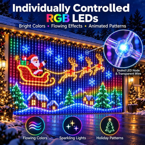 Laspi Smart LED Curtain Lights Christmas 1.6 x 1.6m with 256 RGB LEDs, Bluetooth App & Remote Control - Turn Any Wall Into a Glow-Up Worth Staying In