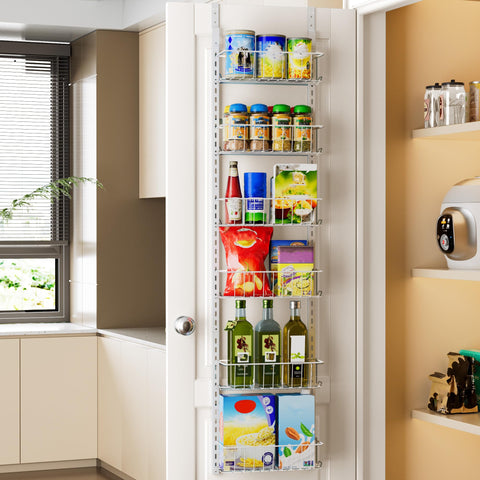 Delamu 8-Tier Over Door Storage Organiser, Adjustable Metal Pantry Shelves, Hanging Spice Rack for Kitchen, Bathroom & Laundry, White