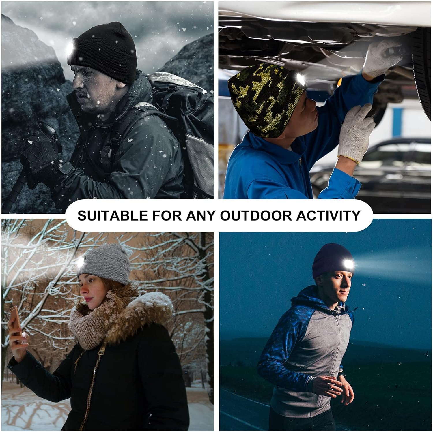 Four scenarios showing people in various outdoor conditions with text 'Suitable for any outdoor activity'.