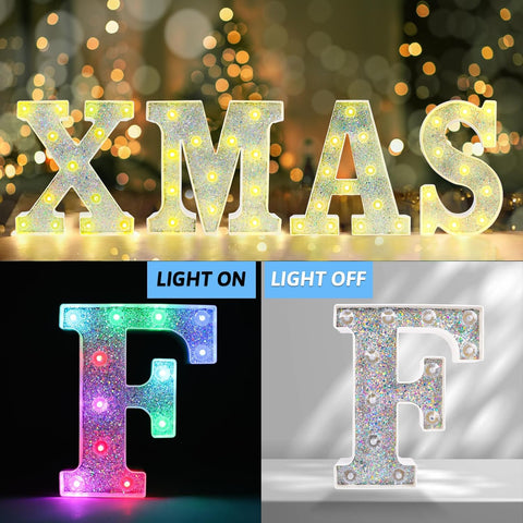 F Style Color Changing LED Letter Light, Glitter Marquee Lamp with 18 Colors, Remote Controlled, Battery Powered Decorative Letter Light for Party, Wedding, Birthday and Home Decor