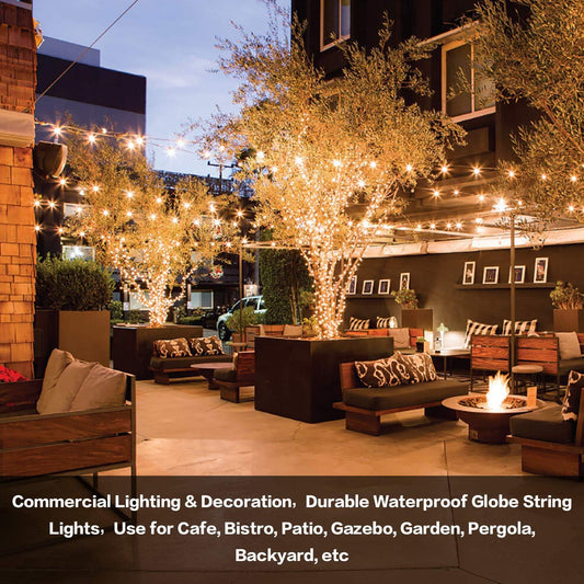 Festoon string lights draped across a patio, creating a warm ambiance