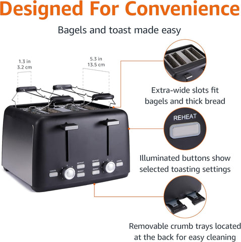 4 Slice Toaster 1500W – Extra Wide Slots, 7 Shade Settings, Removable Crumb Tray, High Lift, Black – UK