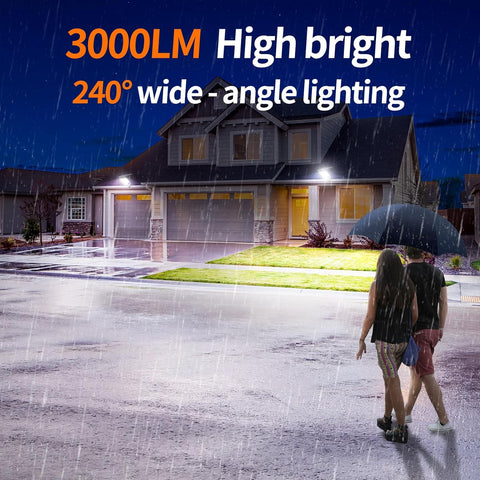Two people walking in the rain towards a house with text about high bright lighting