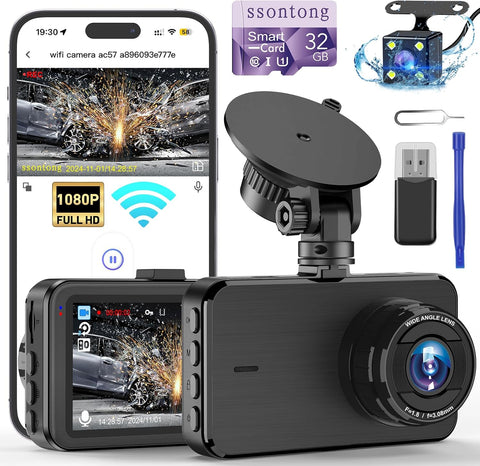 Dash Cam Front and Rear 1080P Dual Lens with WiFi & 32GB Card