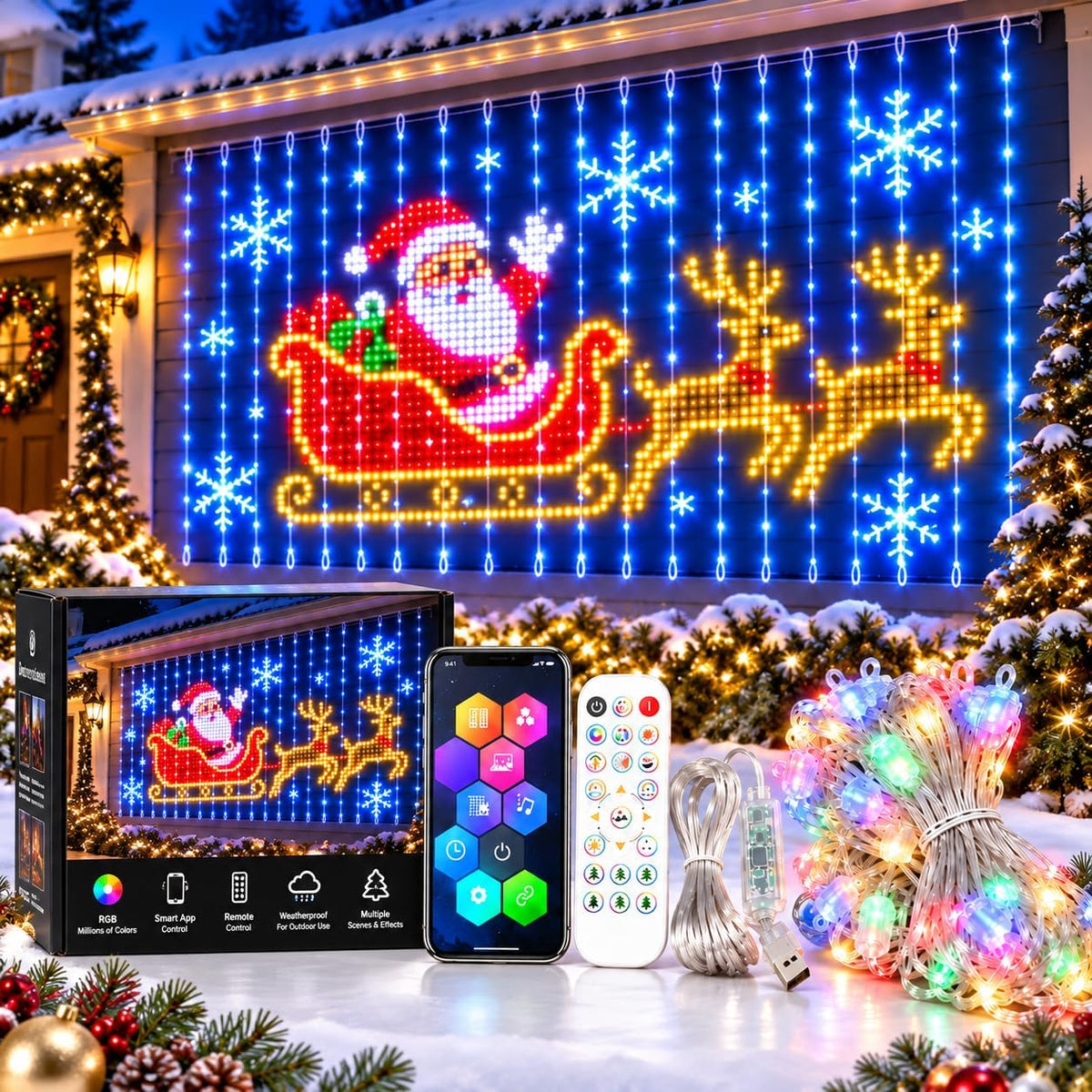 Christmas LED House Net 3x3m – 400 RGB Pixel Smart Outdoor Wall Curtain Lights with App Control, DIY Patterns, Music Sync & IP65 Protection - Turn a Blank Wall Into a Christmas Showpiece