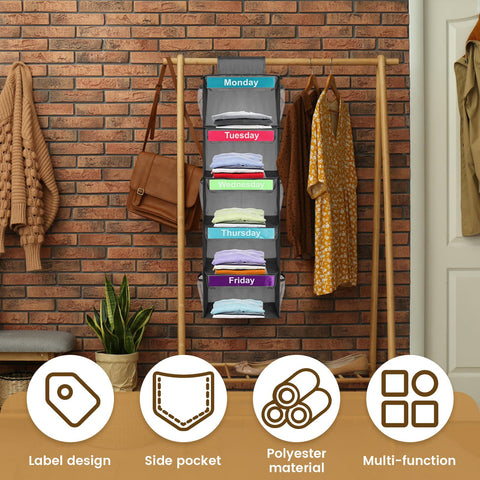 PandaHug Weekly Clothes Organizer for Kids, 5-Shelf Hanging Shelves, Space-Saving Wardrobe Organiser, Monday to Friday Kids Daily Clothes Sorter for Hats T-Shirts Bags Towels