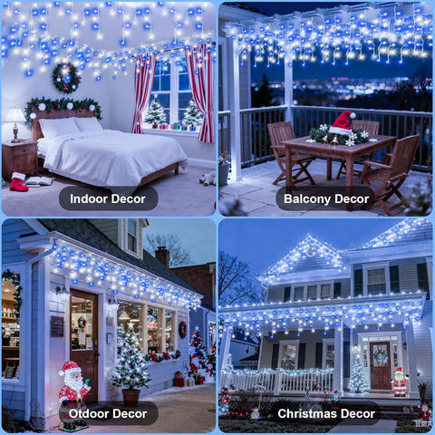 20M Blue White Icicle Lights Outdoor – 480 LED Waterproof Fairy Lights with Timer