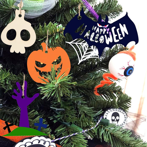 DERAYEE 20PCS Halloween Wooden Ornaments Kit – Unfinished Wood Cutouts with Watercolour Pens & Jute Twine for DIY Halloween Crafts, Tree, Window & Party Decorations