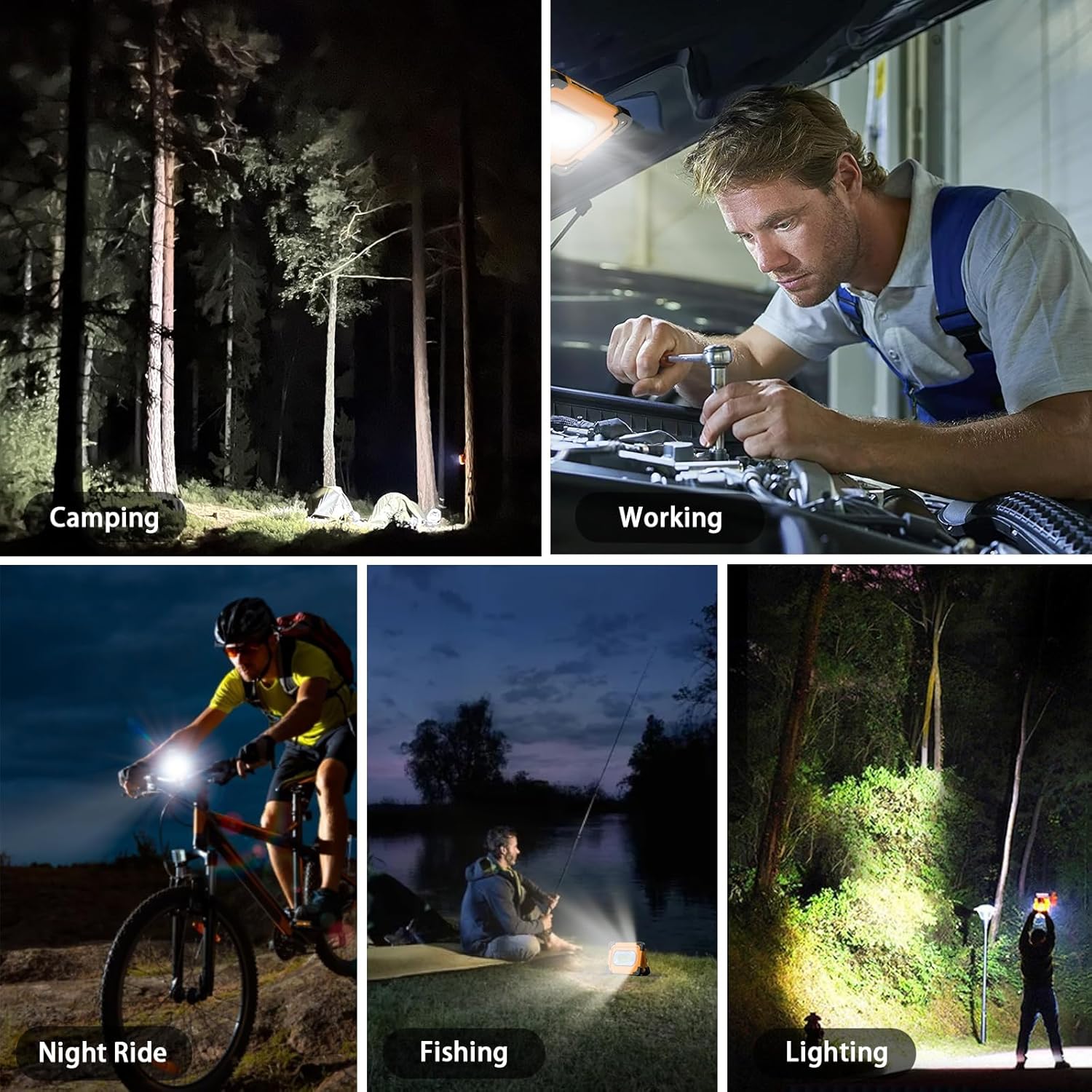 Collage of a person using a flashlight in various scenarios including camping, working, night riding, fishing, and lighting.
