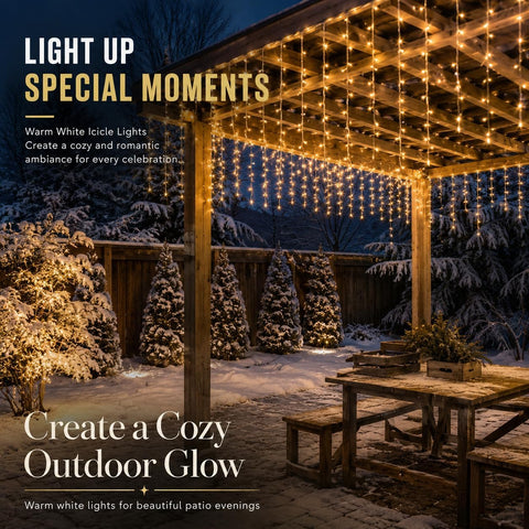 200 LED Warm White Icicle Fairy Lights – Plug In Christmas Lights with 8 Modes & 6-Hour Timer for Windows, Roofs, Fences & Gardens - Bring a Cosy Christmas Glow to Every Evening