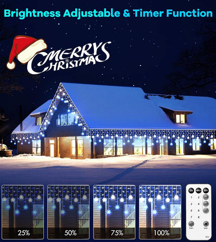 10.7M 240 LED Snowflake Icicle Christmas Lights – Blue White Outdoor Festive Lights with 8 Modes, Timer & Remote - Make Your Home Glow With Winter Magic