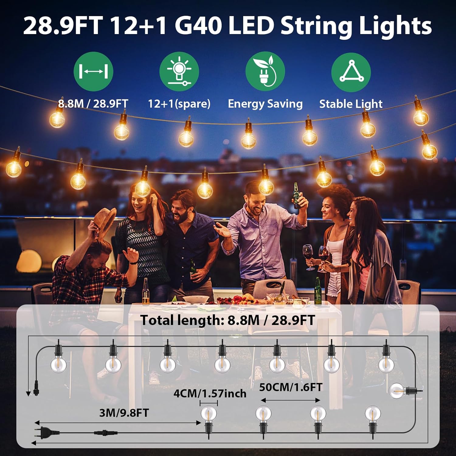 Outdoor Lights Mains Powered with 12+1 Shatterproof Bulbs, Outdoor String Lights, 8.8M/28.9FT IP54 Waterproof Garden String Lights Festoon Lights for Garden
