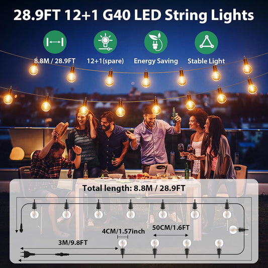 Outdoor Lights Mains Powered with 12+1 Shatterproof Bulbs, Outdoor String Lights, 8.8M/28.9FT IP54 Waterproof Garden String Lights Festoon Lights for Garden
