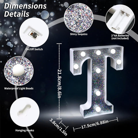 Letter T Style LED Marquee Lamp, Silver Glitter Light Up Letter Sign, Battery Powered Tabletop Decorative Marquee Light with On/Off Switch for Wedding, Birthday, Party and Home Decor