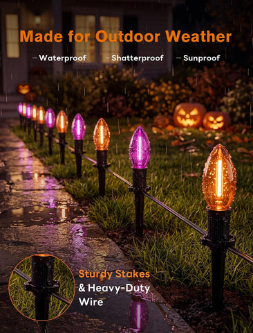 Outdoor Pathway Lights - 19.5 Ft Purple & Orange String Lights with 10 C9 LED Bulbs and Stakes, Connectable, Waterproof, Perfect for Halloween, Yard, Lawn, Garden