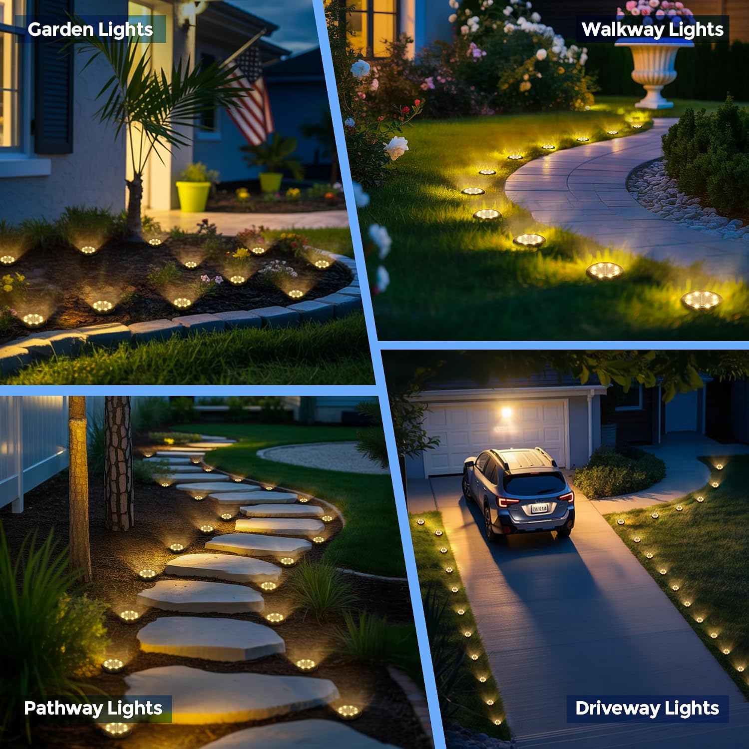 Solpex 10 Pack Solar Lights Outdoor Garden, 8 LEDs Solar Powered Ground Lights, IP65 Waterproof Garden Light for Yard, Patio, Pathway (Warm White)