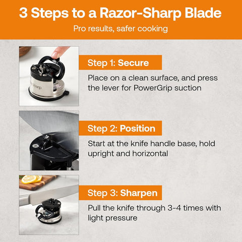 AnySharp Knife Sharpener – PowerGrip Suction Base | Hands-Free Safety | Sharpens All Kitchen Knives | Ideal for Hardened Steel & Serrated