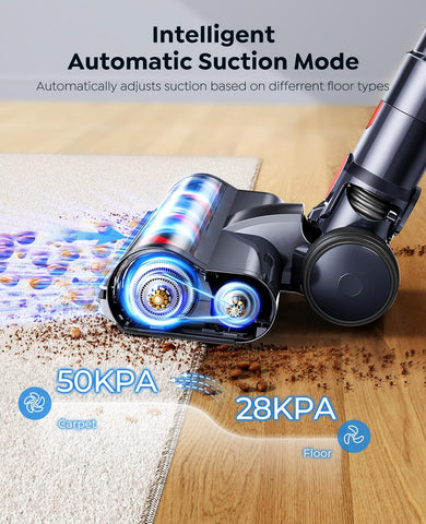 SunSare Cordless Vacuum Cleaner 600W/50KPa Powerful Suction, 65Mins Runtime with Touchscreen AUTO Mode, 1M Hose, Anti-Tangle, Self-Standing & Wall-Mounted Stick Vacuum for Carpet, Floor & Pet Hair