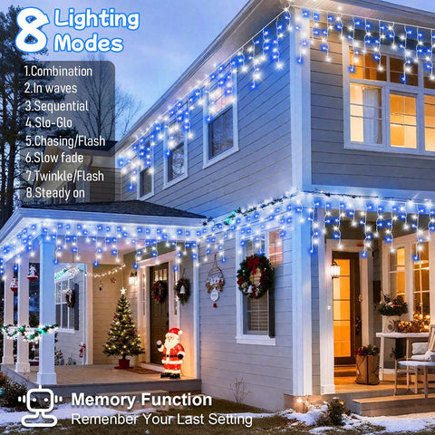 20M Blue White Icicle Lights Outdoor – 480 LED Waterproof Fairy Lights with Timer