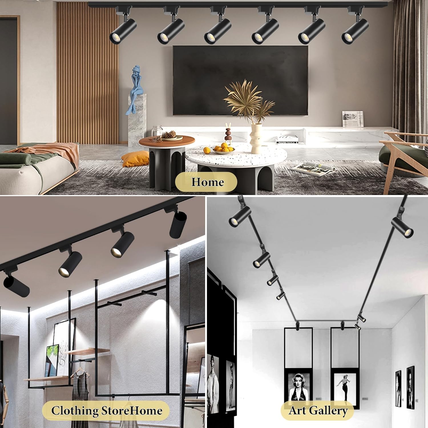 Collage of a modern living room with track lights, furniture, and decor elements.